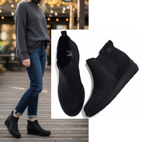 Sorel Shoes - New Sorel Evie ll Chelsea ankle boots black leather suede wedge waterproof comfy
